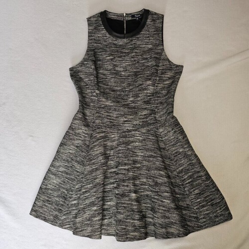 Madewell B5376 Black White Textured Fit Flare Dress Leather Trim Pockets Size 12